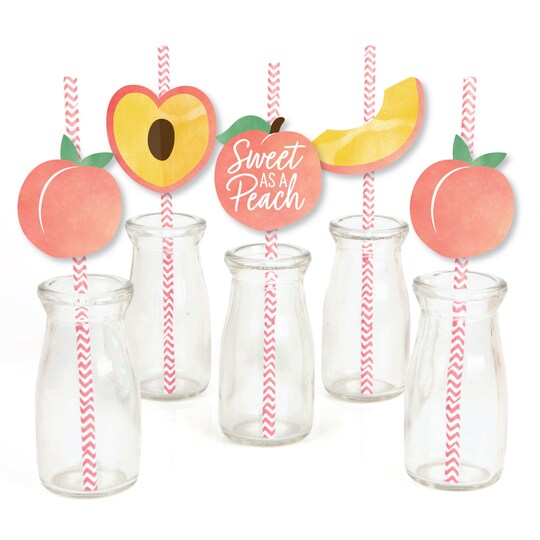 Big Dot of Happiness Sweet as a Peach - Paper Straw Decor - Fruit Themed Baby Shower or Birthday Party Striped Decorative Straws - Set of 24
